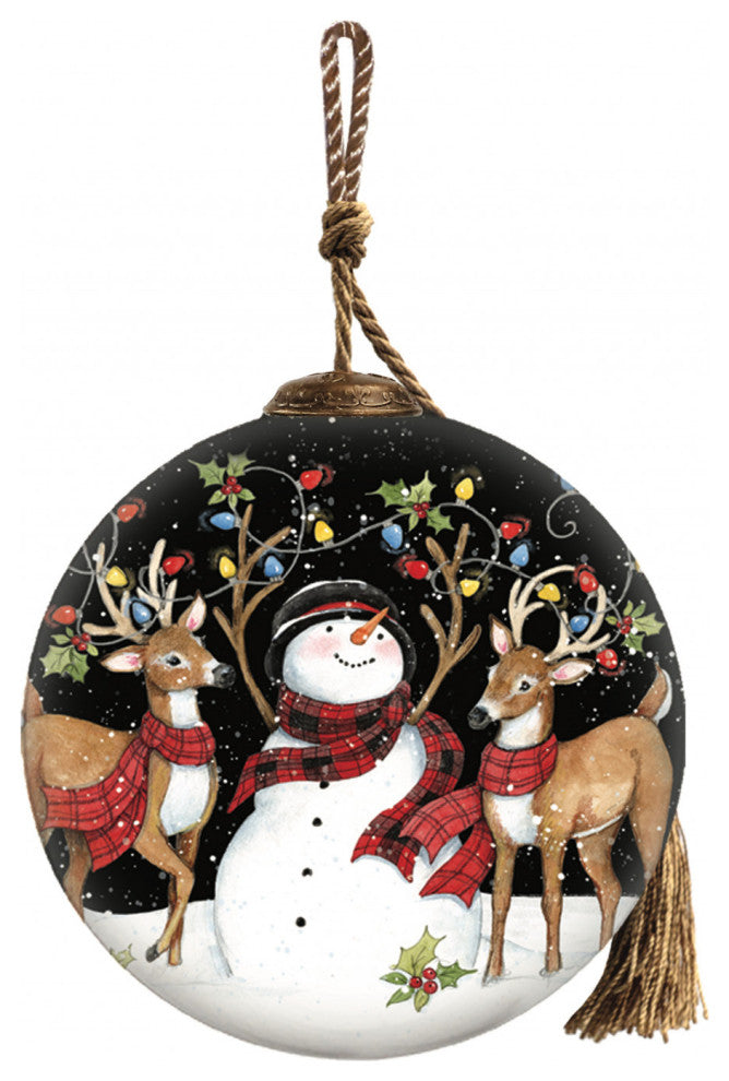 Snowman and Reindeer in Holiday Lights Hand Painted Mouth Blown Glass Ornament