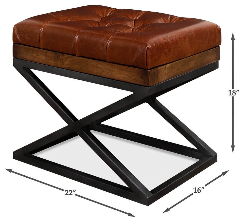Modern Tufted Leather X Frame Stool