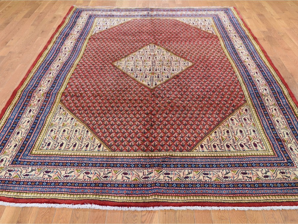 Red New Persian Sarouk Mir Full Pile Pure Wool Small Design Rug , 6'7" x 10'2"