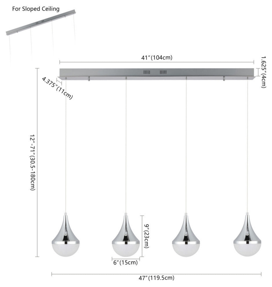 Elyse Teardrop 3-Light Iron/Acrylic Linear Pendant, Chrome/White, Width: 47"