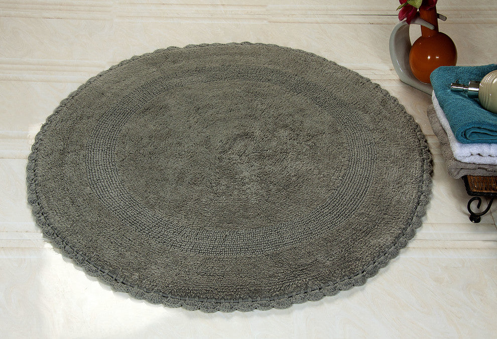 Saffron Fabs Bath Rug 36" Reversible Hand Knit Crochet Lace Border, Grey