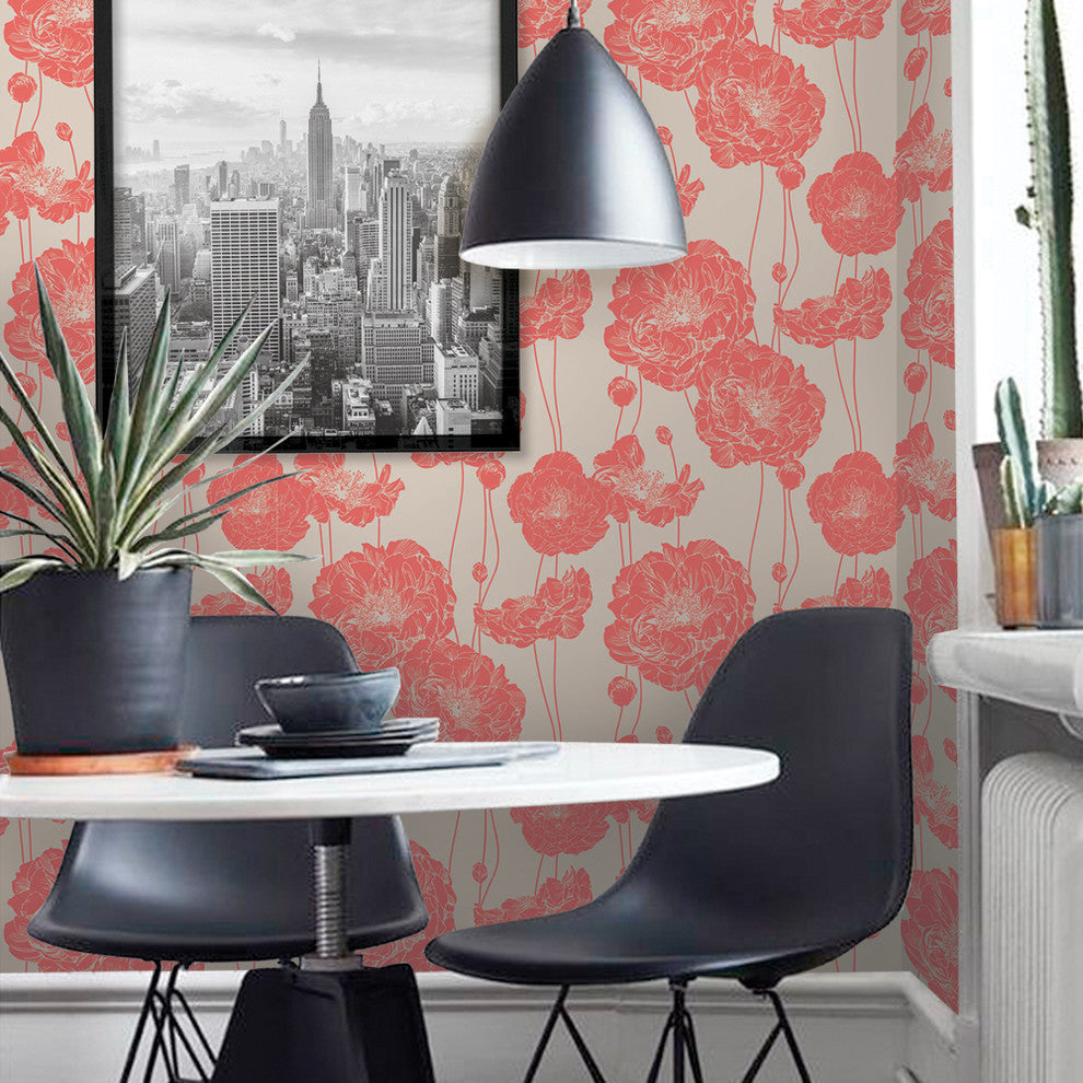 Peony Peel and Stick Vinyl Wallpaper, Dark Salmon, 24"w X 60"h