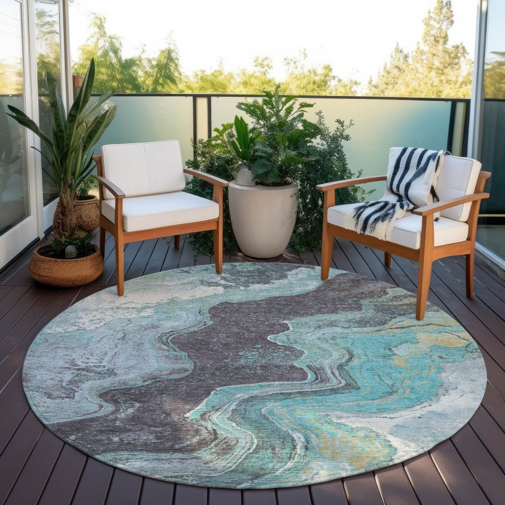 Machine Washable Indoor/Outdoor Chantille ACN1907 Teal 8' x 8' Round Rug