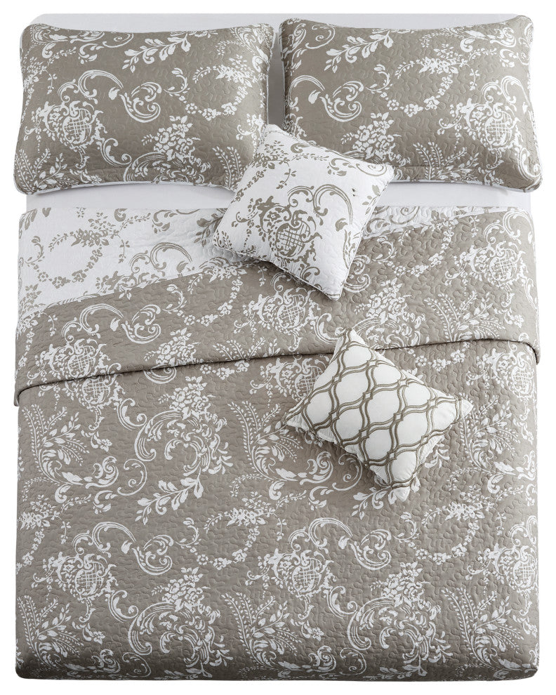 LA Boheme 5 Piece Printed Bed Spread Set, Taupe, Queen
