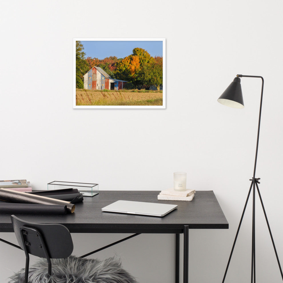 Patriotic Barn in Field Rural Landscape Framed Photo Paper Wall Art Prints, White, 18" X 24"