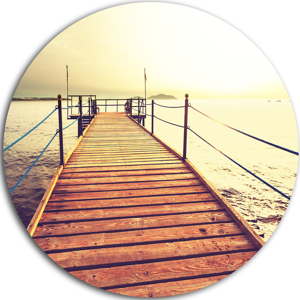 Brown Wooden Boardwalk To The Sea, Sea Bridge Round Wall Art, 23"