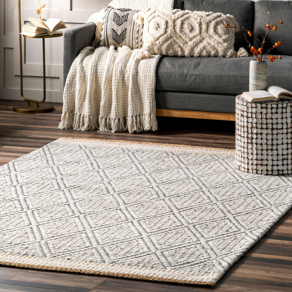 Nuloom Laura Bohemian Trellis Wool and Jute Rug, Ivory 4' x 6'
