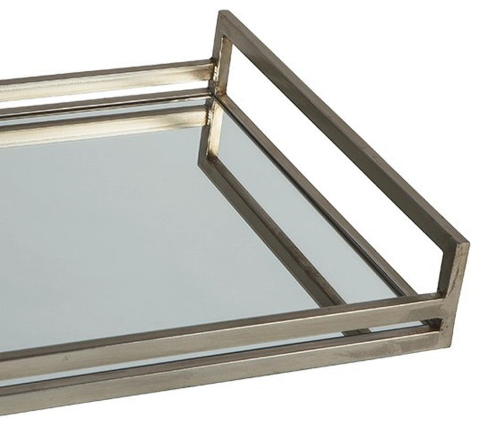 Benzara BM231913 Rectangular Metal Frame Tray With Mirrored Top, Silver
