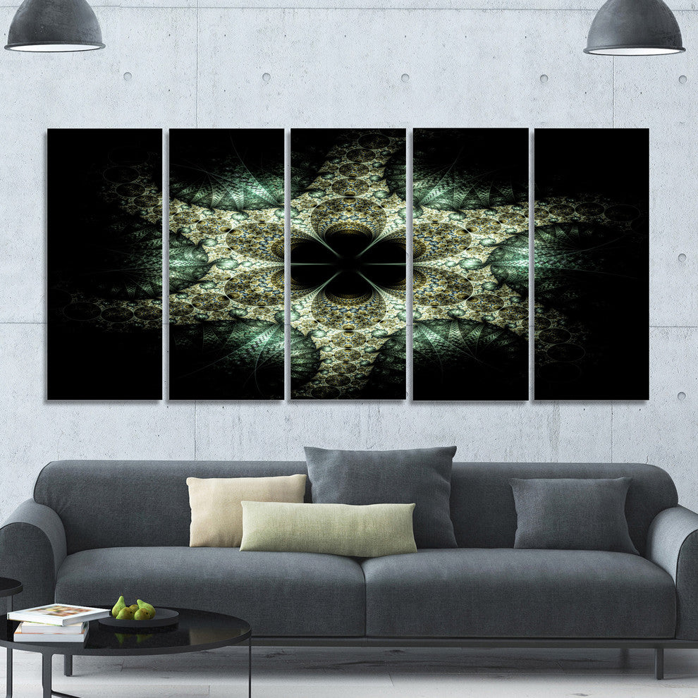 Yellow and Green Fractal Flower, Abstract Wall Art Canvas, 60"x28", 5 Panels