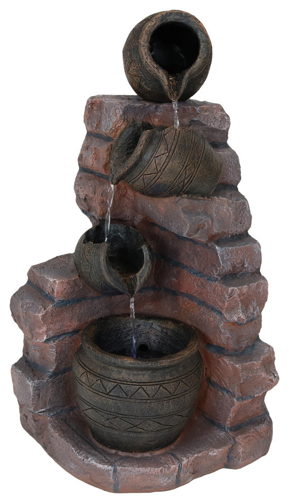 Sunnydaze Crumbling Bricks and Pots Solar-on-Demand LED Fountain, 27"