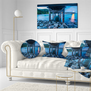Under Wood Bridge At Twilight Sea Bridge Throw Pillow, 12"x20"