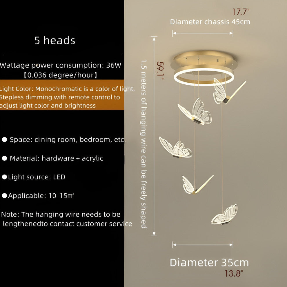 Camogli | Beautiful LED Chandelier with Hanging Butterflies, 5 Heads, Cool Light