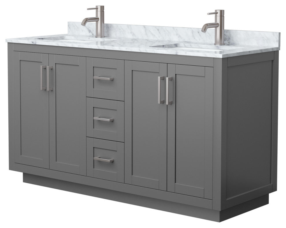 60" Double Bathroom Vanity, Dark Gray, Carrara Countertop, Sinks, Nickel Trim