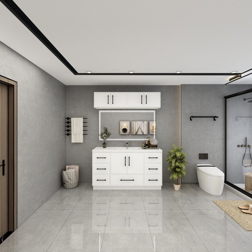 Victoria 60" Solid Wood Vanity Single Sink, Overhead Cabinet, Glossy White