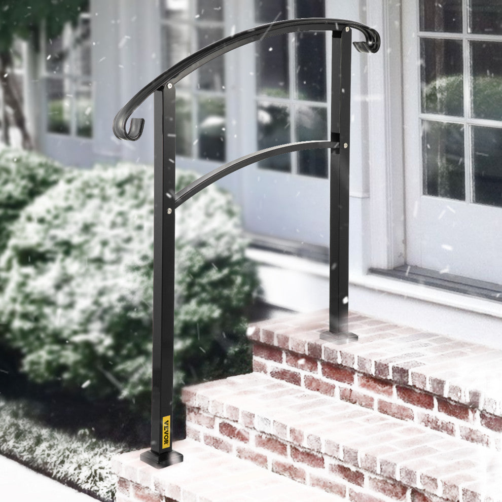 Wrought Iron Handrail Outdoor Stair Rail with Installation Kit, Black, Fit 3 Steps