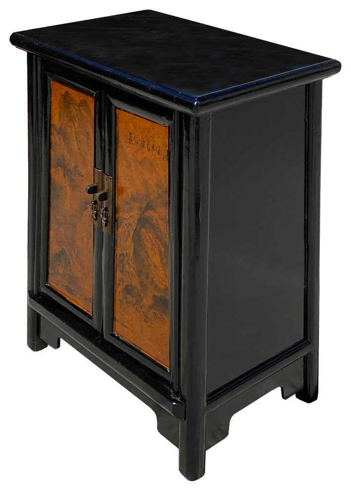 Chinese Distressed Black Yellow Scenery Graphic End Table Nightstand Hcs7348