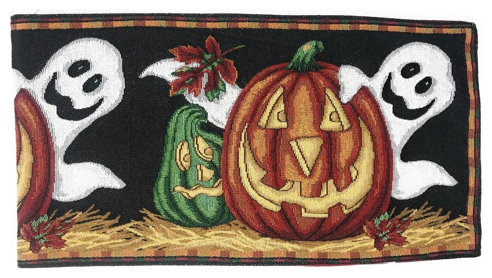 Halloween Pumpkins Ghosts Table Runner, Harvest Orange Tapestry, 13" X 90"