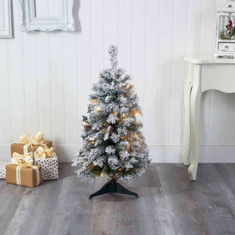 3' Flocked White River Mountain Pine Faux Xmas Tree W/Pinecones & Clear Lights