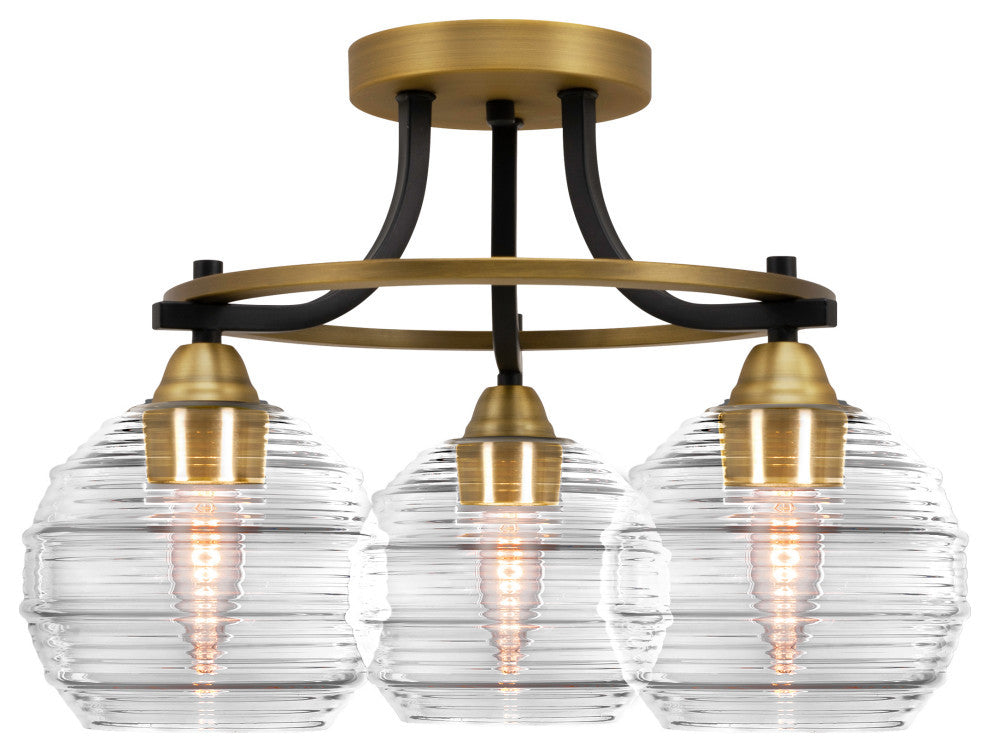 Paramount 3-Light Semi-Flush Light, Matte Black & Brass, 6" Clear Ribbed Glass