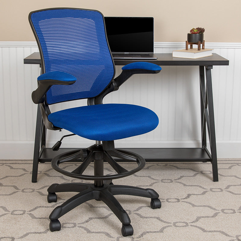 Mid-Back Mesh Ergonomic Drafting Chair With Adjustable Foot Ring, Blue