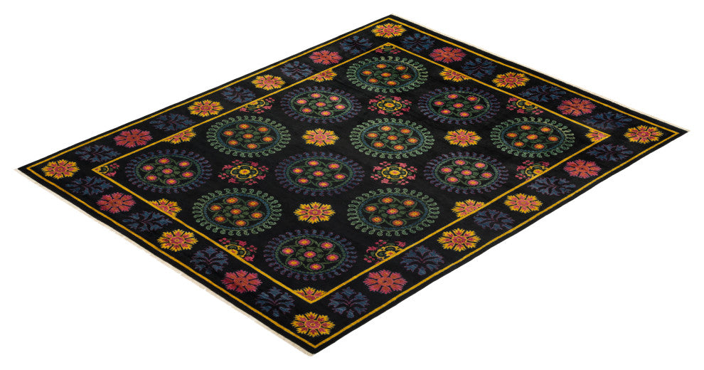 Suzani, One-of-a-Kind Hand-Knotted Area Rug Black, 9'1"x11'4"