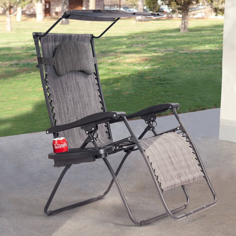Folding Recliner Lounge Chair With Shade Canopy Cup Holder, Gray