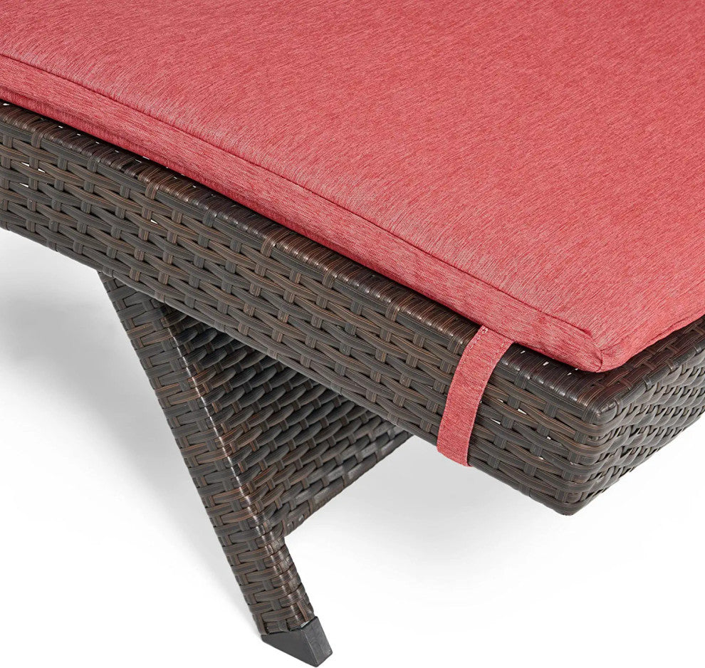 2 Pack Patio Chaise Lounges with Curved Wicker Frame and Red Cushions