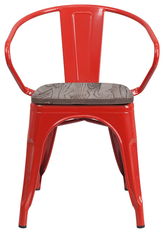 Red Metal Chair with Wood Seat and Arms