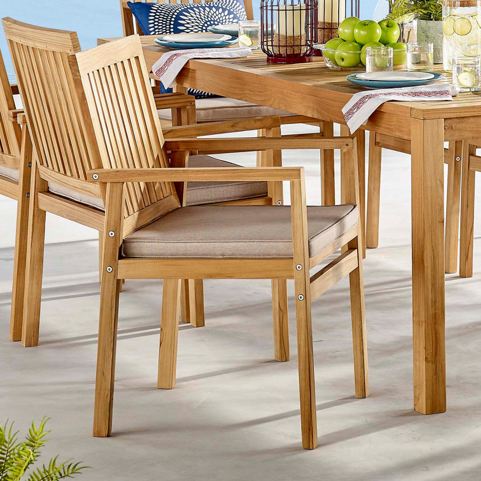 Side Dining Chair Armchair, Wood, Brown Natural Taupe Gray, Modern, Outdoor