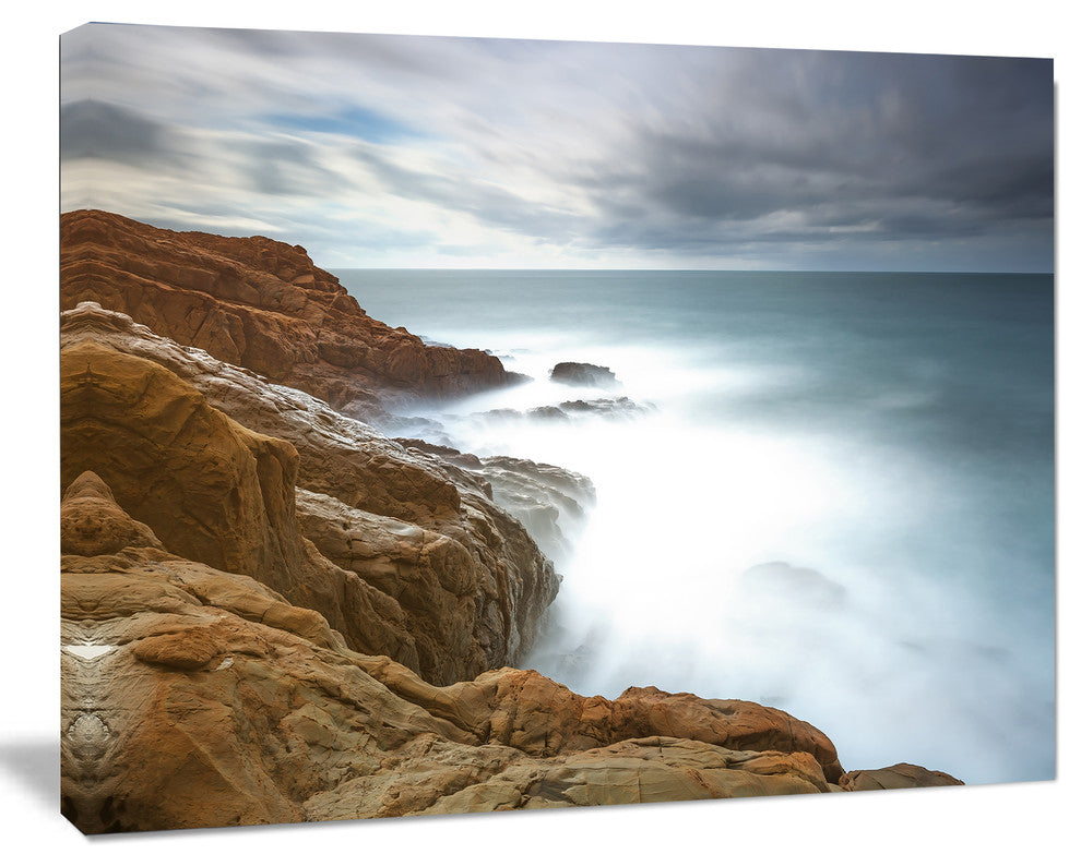 Dark Red Rocks and Foam Waves, Seascape Canvas Art Print, 60"x28"