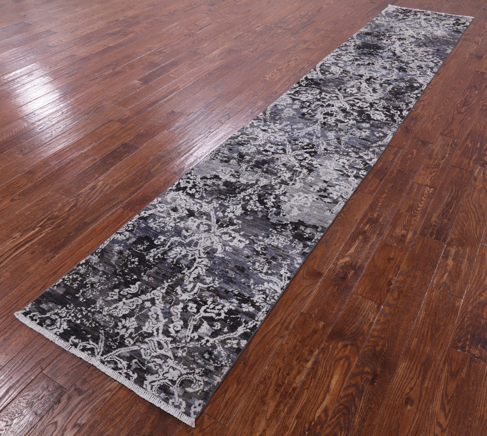 2' 7" X 13' 11" Modern Hand-Knotted Wool and Silk Runner Rug Q10330