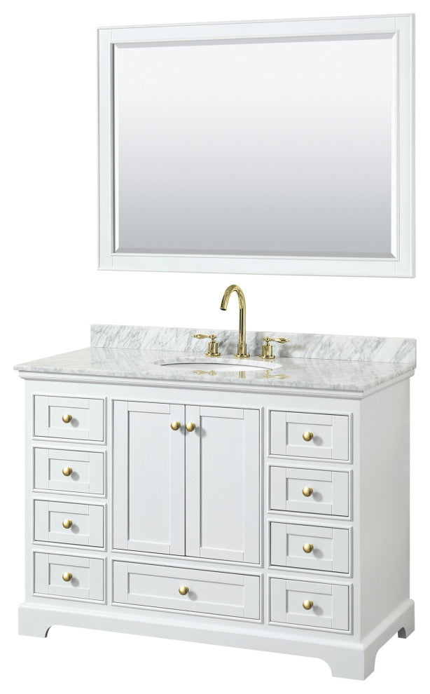 48" Single Bath Vanity, White, Carrara Countertop, Sink, Gold Trim, 46" Mirror