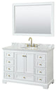 48" Single Bath Vanity, White, Carrara Countertop, Sink, Gold Trim, 46" Mirror