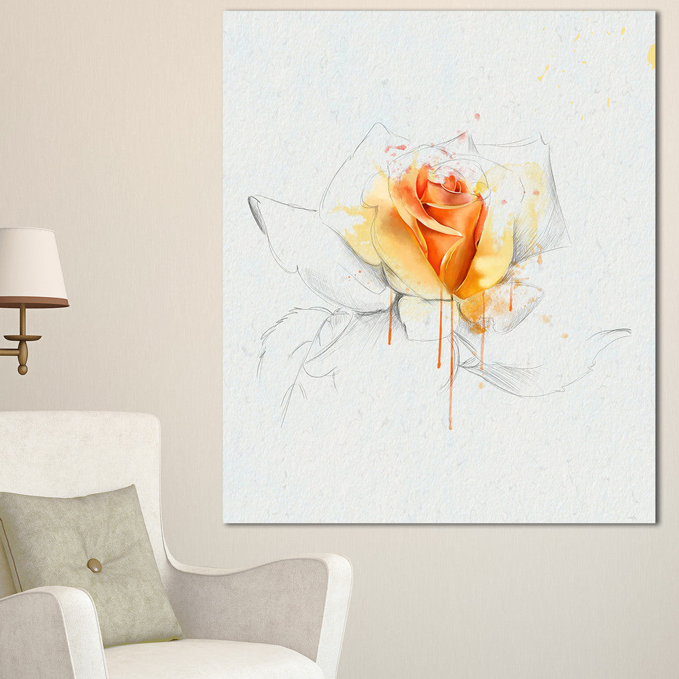 Yellow Rose Sketch on White Back, Flower Artwork on Canvas, 30"x40"