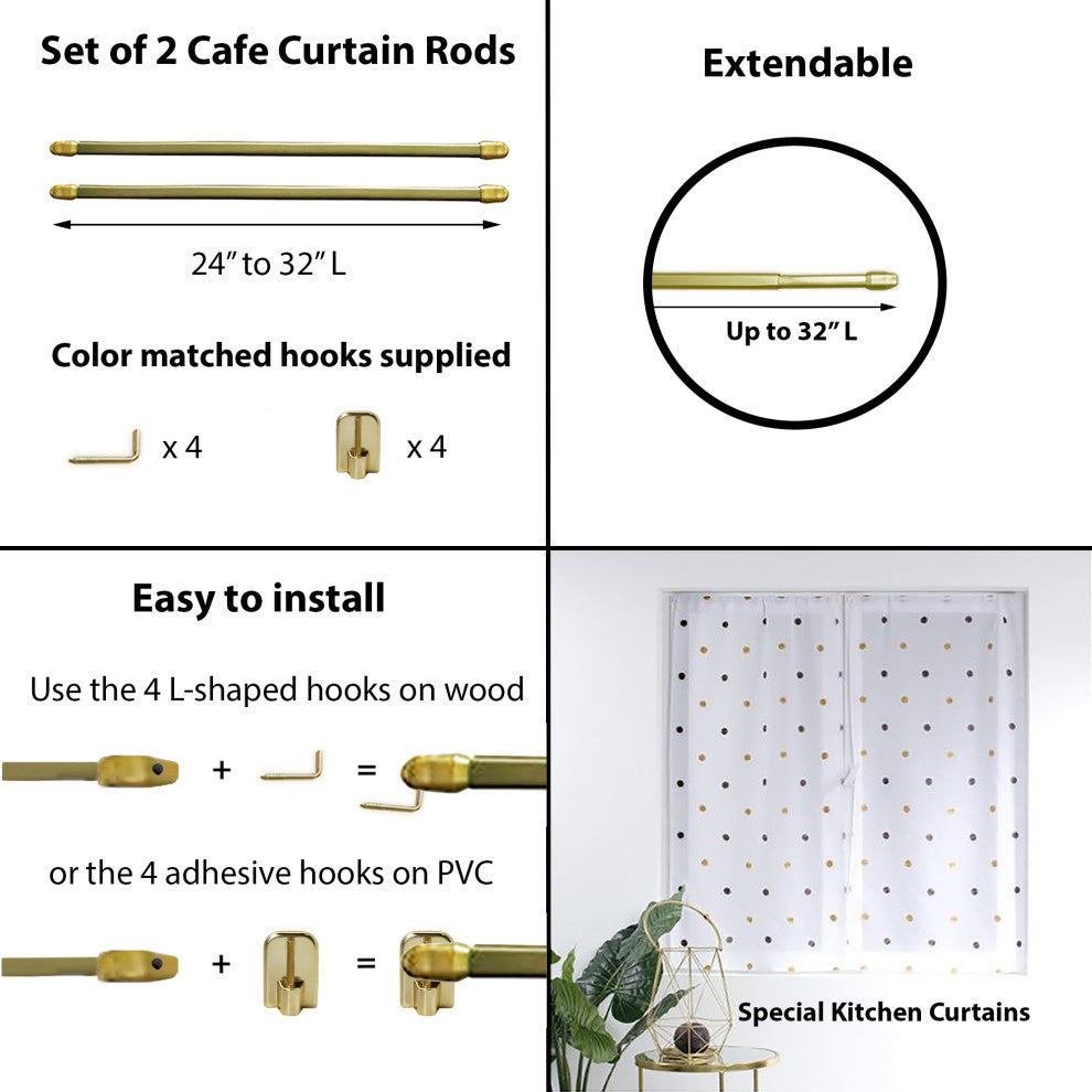 Bundle 2 Cafe Curtain Rods and 4 Self Adhesive Hooks, Gold Plated, 24" to 32"