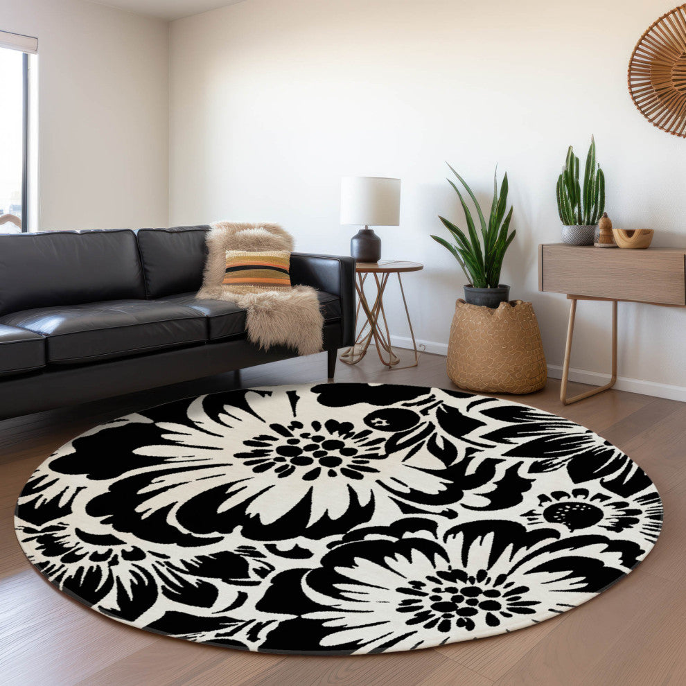 Premium Machine Washable Mayfield AMF551 Black 8' x 8' Round Rug
