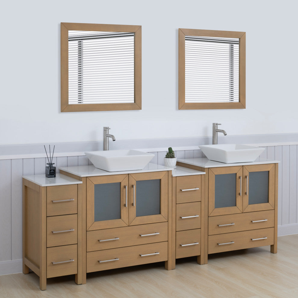 Vanity Art Vanity Set With Vessel Sink, Natural Oak, 84", Standard Mirror