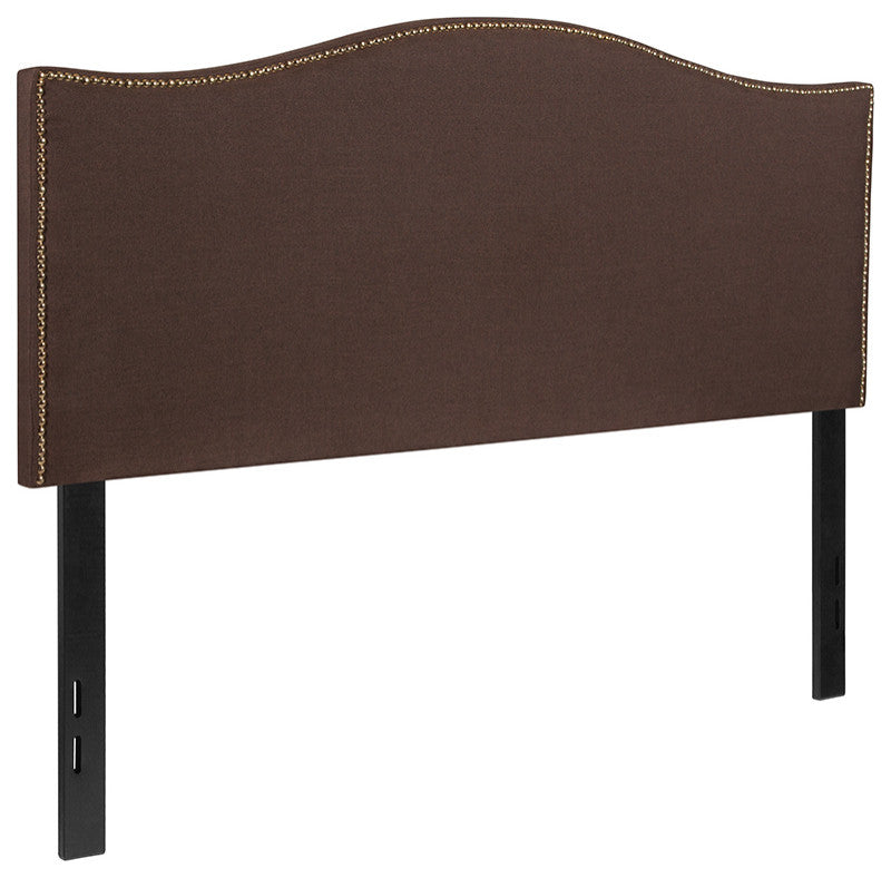 Upholstered Full Size Headboard With Decorative Nail Trim in Dark Brown Fabric