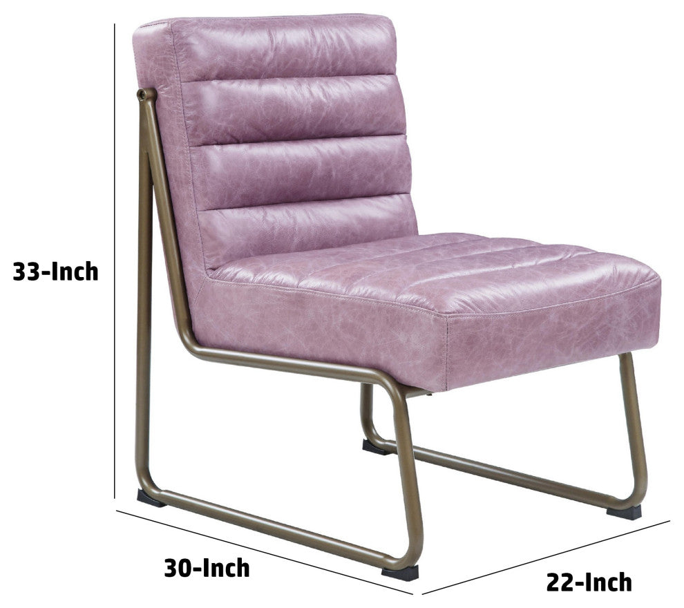 Benzara BM275479 Grain Leather Accent Chair, Metal Frame, Tufted Channel, Purple