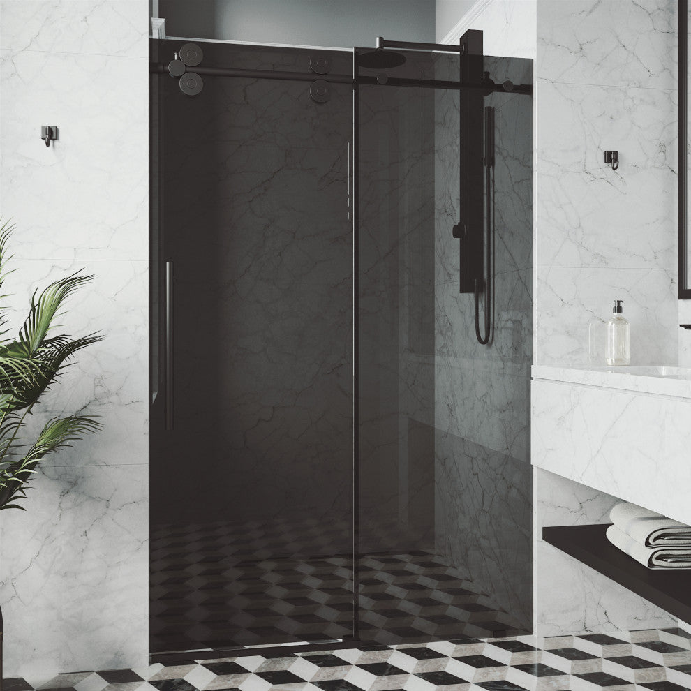 VIGO Elan 56" to 60" W x 74" H Frameless Sliding Shower Door, Matte Black, Black Tint Glass
