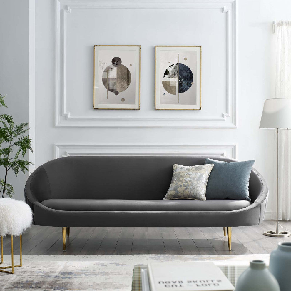 Modern Designer Living Room Lounge Club Lobby Sofa, Velvet Fabric, Grey Gray