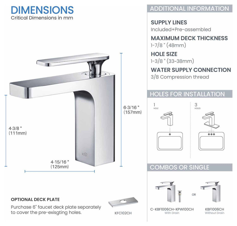 Infinity Single Handle Bathroom Faucet KBF1006, Chrome, W/ Drain