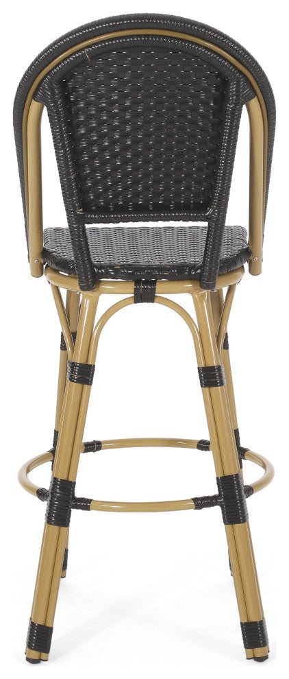 Cotterell Outdoor French Wicker and Aluminum 29.5" Barstools, Set of 2, Black/Bamboo Finish