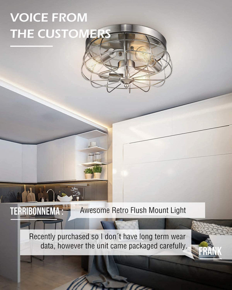 3 Light Flush Mount Ceiling Light, Cage, Ceiling Light, Nickel Finish