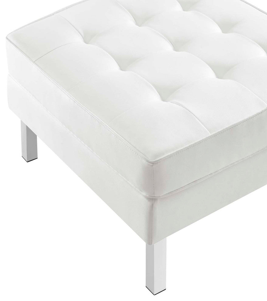 Loft Tufted Vegan Leather Armchair and Ottoman Set, Silver White