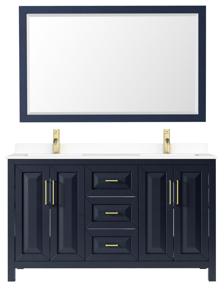 Daria 60, Double Vanity, Dark Blue, White Marble Top, SQ Sinks, 58, Mirror