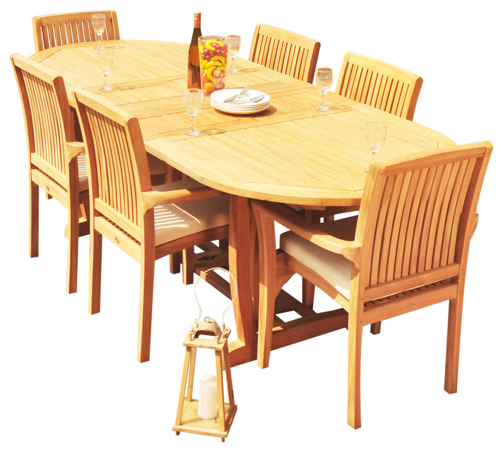 7-Piece Outdoor Teak Dining Set: 94" Masc Oval Table, 6 Lua Stacking Arm Chairs
