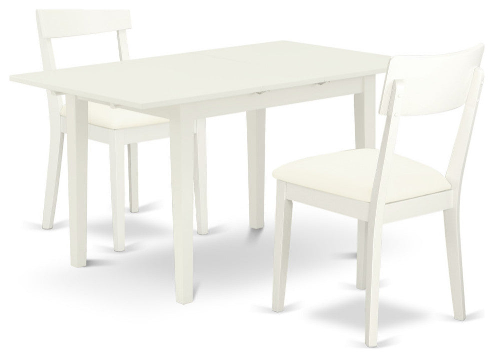 3-PieceDining Set 2 Chairs, Faux Leather Seat, Butterfly Leaf Table, Linen White