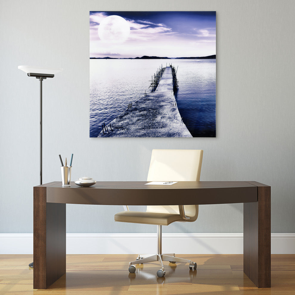 Moonlit Dock Wall Art Frameless Free Floating Tempered Glass 40"x40"