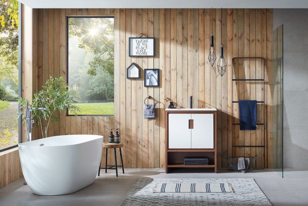 LYON Freestanding Modern Bathroom Vanity, Beige, 30", White Countertop